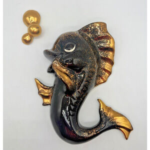Vintage Freeman McFarlin Fish Bubbles Wall Pocket Black Gold Mermaid Friends